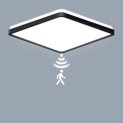 LEZOE Sensor Lámpara de Techo LED con Radar Detector de Movimiento, 18W 1800LM LED Plafones dimmable Plafón Regulable, 3000K/4000K/6500K para Baño Garaje Escaleras Pasillo Balcón 22x22x2.5cm Nero