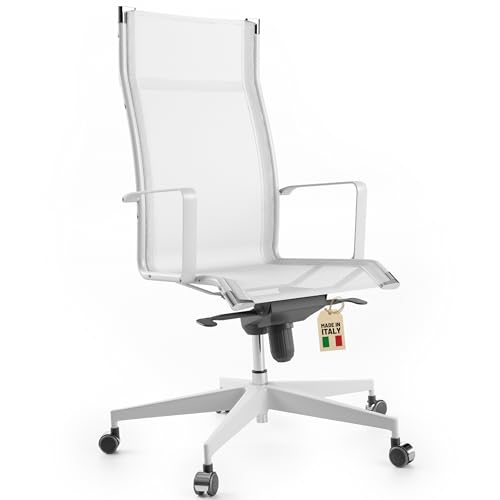 Bossberg Silla de Escritorio Ergonómica, Silla de Oficina Giratoria con Apoyo Lumbar, Sillón de Despacho Ajustable y Cromado, Diseño Italiano - Blanco Absoluto