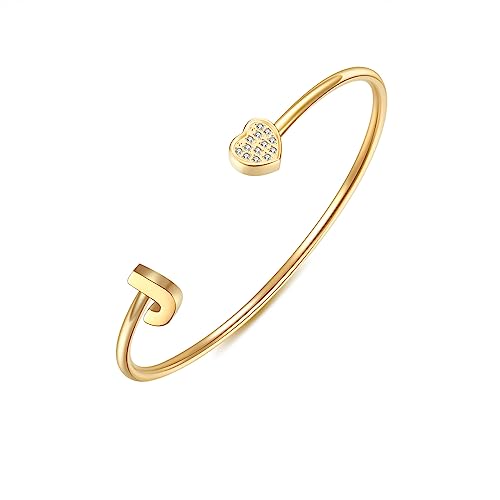 Image of VQYSKO Heart Initial Cuff Bracelets for Woman-CZ Stainless Steel Adjustable Open Bracelet Woman Jewellery,Birthday Gifts for Woman