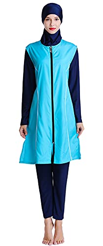 Alaysom Muslim Swimwear for Women Modest Swimsuits Beachwear with Hijab Burkini Swimming Costume Sportswear (Sky Blue, L)