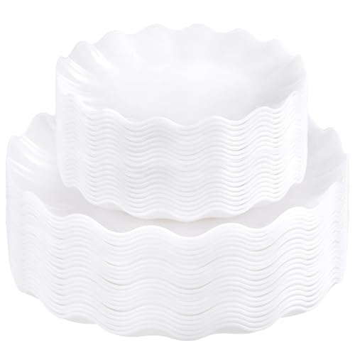 LIYH 50 Pcs White Scalloped Plastic Plates Reusable - Unbreakable Plastic Plates for Weddings Party Outdoor Picnics Dishwasher Safe BPA Free(25Guests)