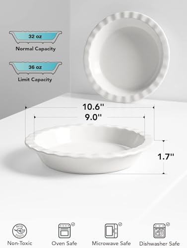 LE TAUCI Ceramic Pie Dish and Pie Weights Set, 9 Inches Pie Pans for Baking, 36 OZ Round Fluted Pie Plates for Apple Pie, Quiche, Pot Pies, Tart – Set of 2, Classic White