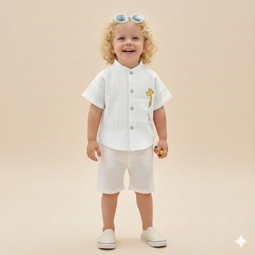 Image of A.T.U.N. (ALL THINGS UBER NICE) Baby Boys 100% Cotton Shirt | Mandarin Collar Half Sleeve Shirt with Cute Printed Design | Button Front Soft Fabric Shirt | Comfortable Stylish Top Wear for Babies