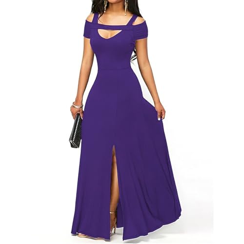 Women's Evening Dress Fashion Off Shoulder Cut Out Sexy Slit Party Prom Long Dress Wedding Guest Formal Dresses Purple