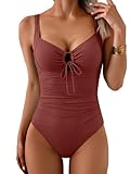 Aidonger One Piece Lace Up Swimsuit for Women Tummy Control Slimming Bathing Suits Cut Out Push Up Swimwear Brick Red