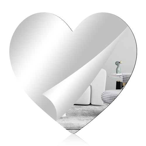 DARENYI 1PCS Frameless Acrylic Wall Mirror Tile 12 x 11.6 inches Decorative Heart Shaped Mirror Sheet Self Adhesive for Bedroom Living Room Entryway Hallway Vanity Home Decor