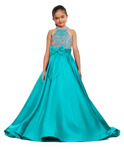 Girls Pageant Dresses Halter Neck Satin Sparkling Dress with Bow Knot Birthday Party Girls Formal Ball Gown