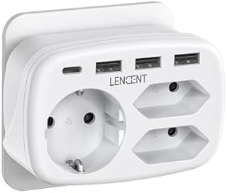 LENCENT Gniazdo wtykowe 7 w 1, adapter do gniazdka, 3 gniazda podwójne Euro i 1 wtyczka Schuko z 3 portami USB i USB-C, podwójna wtyczka do gniazdka ściennego, poliwęglan