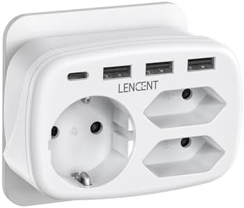 LENCENT Gniazdo wtykowe 7 w 1, adapter do gniazdka, 3 gniazda podwójne Euro i 1 wtyczka Schuko z 3 portami USB i USB-C, podwójna wtyczka do gniazdka ściennego, poliwęglan