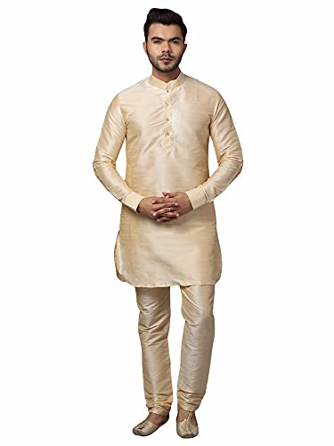 Image of Uri and MacKenzie Men's Silk Blend Solid Pathani Kurta with Readymade Pajama Pant Set