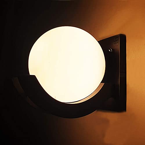 Image of Wooden Wall Lamp, Globe Shape, Dark Brown and White Frosted Glass Pack of 1