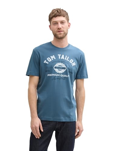 TOM TAILOR Herren 1037735 T-Shirt aus Baumwolle mit Logo-Print, 36985-Mystical Blue, XL