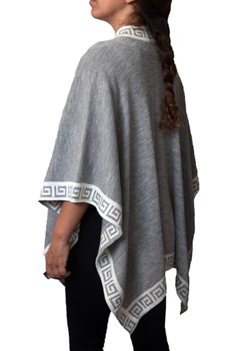TINKUY Women’s Shawl, Authentic Peruvian Alpaca Wool Scarfs for Women Pashmina Shawl Ruana Wrap Poncho with Geometric Trim, (Silver Gray/Ivory)3