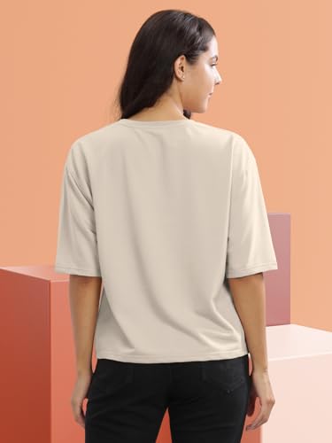 Image of HELLCAT Beige Printed Loose Fit Crew-Neck Crop T-Shirt for Women
