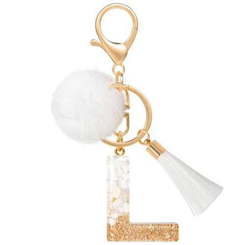 MWOOT Porte Clé L Lettre Peluche Tassel, Résine Initial Or Blanc Keychain Personnalisé, Pendentif Porte Clef Lettre Décoratif, Porte Clef Kawaii Voiture...
