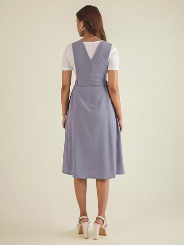 Image of WineRed Women Soild Pinafore Dress with Button