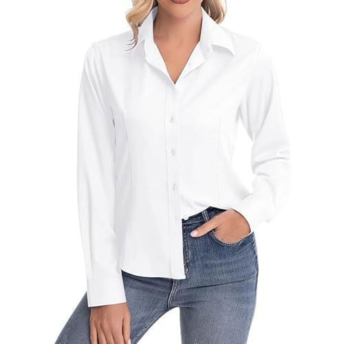 SAIIURV Camisa de Mujer Elegante de Manga Larga Color Liso, Tops Básicos Estirables Encajados, Top de Manga Larga Botón Casual, Blusa de Mujer para Oficina y Eventos Formales (Blanco)
