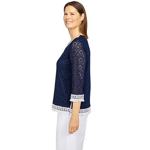 Image of Alfred Dunner Women's Petite Lace Fringe Diamond Textured Knit Top