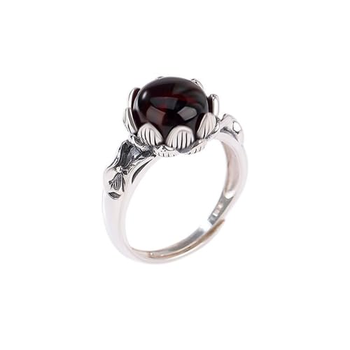 Bague en argent S925 et ambre rouge naturel style feuille de lotus