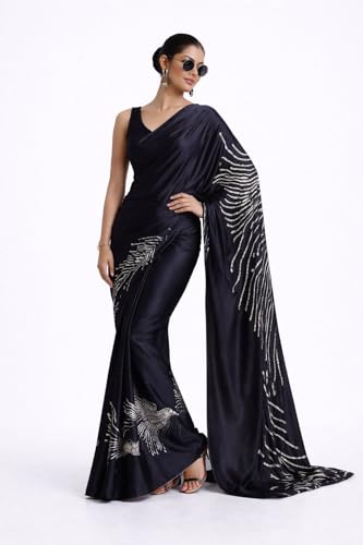 Image of Japan Satin Floral Print Saree for Women with Blouse Piece - Satin Finish Draped Saree