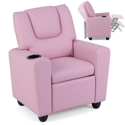 Image of Costzon Kids Recliner Chair with Cup Holder, Toddler Adjustable Lounge Chair w /Footrest for Girls Room, Ergonomic Baby Child Furniture Sofa for Age 3+ Gifts, Kids Pink Mini Recliner up to 150 lbs