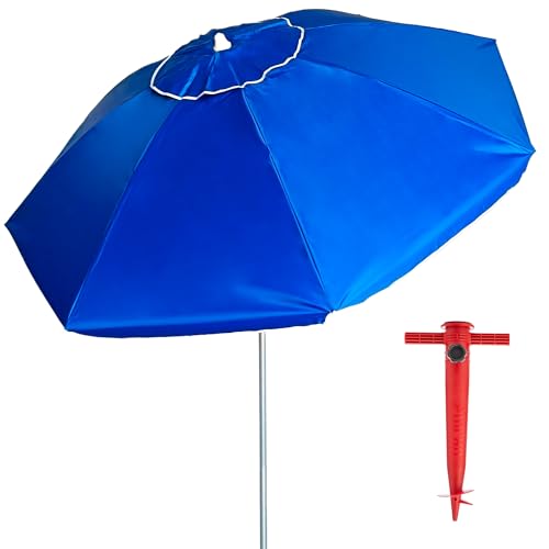 Pincho Sombrilla Playa 180 cm, Aluminio, UPF+50 bloquea 99% de Rayos UV, 8 Varillas de Fibra de Vidrio, Muy Ligera 1,5 kg, Ventana Superior (Azul)