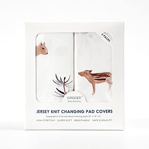 Image of GRSSDER Stretch Ultra Soft Jersey Knit Changing Pad Cover Set 2 Pack, Change Table Pad Covers Fit 32 inch /34 inch x 16 inch Pads Safe and Snug, Pretty Pattern for Boys and Girls, Cute Jungle Squirrels and Animals