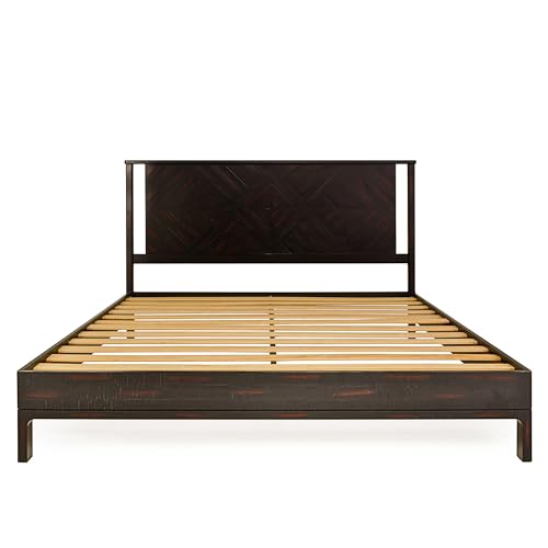 Image of Bme Ethan King Size Bed Frame with Diamond Headboard, Rustic Mid-Century Modern, Solid Acacia Wood, No Box Spring Needed, Slat Support, Rustic Black