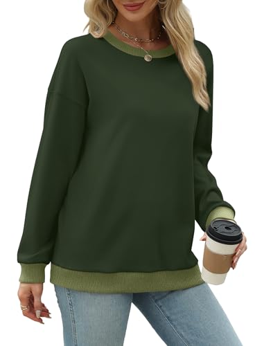 Image of Saloogoe Sweatshirts for Women Crewneck Long Sleeve Loose Fit Tops Color Block Ribbed Trim Fashion 2025