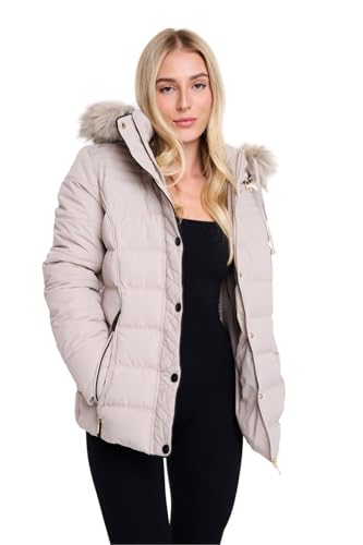 Spindle Womens Ladies Premium Quality Hooded Short Fur Parka Quilted Padded Puffer Coat | Zip Side Pockets | Luxurious Detachable Faux Fur on Hood | Zipped Inner Pocket Grey 16