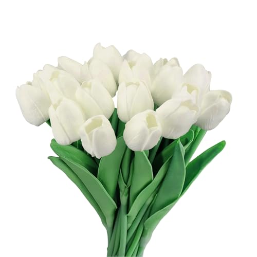 GIUSOBG Tulipani Artificiali 15 Pcs 34cm Bianco Fiori Artificiali Finti Tulipani in lattice Fiori Finti di Tulipani Realistici Bouquet di Fiori finti di Tulipani per la Casa per Matrimoni,Giardino