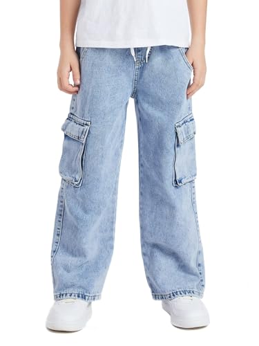 Boy's Baggy Cargo Jeans Drawstring Loose Staight Wide Leg Denim Pants