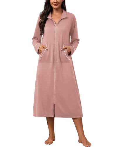 Image of Ekouaer Zipper Robes for Women Long Sleeve Lightweight House Coats with Pockets Zip Up Bathrobe Loungewear S-3XL