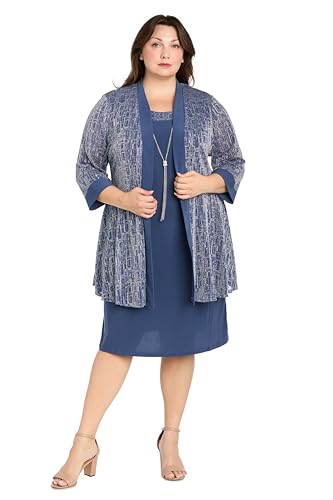 Image of R&M Richards Women's Elegant Metallic Jacquard Knit Jacket Dress | Shimmering 2-Piece Ensemble W /Detachable Necklace