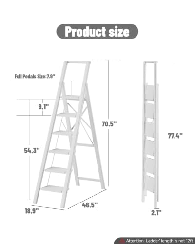 Image of SOLADDER 6 Step Ladder, Folding Step Stool with Handgrip and Anti-Slip Wide Pedal, Portable Lightweight Aluminum Stepladder for Kitchen, Home, Library, Office (300 lbs Capacity) - White