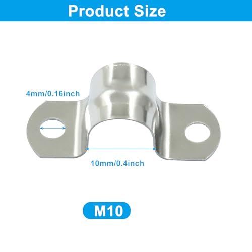 Image of 50 Pack, 3 /8 Inch M10 Rigid Pipe Strap, 10mm, Stainless Steel | Two Hole Cable Strap, U Bracket Conduit Clamp, For Fixing Tube, Cable, Pipe, Silver
