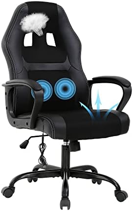 Gaming Chair with Massager, Ergonomic Office Chair Video Gaming Computer Chair Leather Desk Chair Racing Chair, Comfy Massage Chair, Silla Gamer Chair Gaming Chairs for Adults and Kids, Black Chair