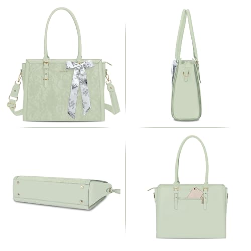 Image of MOSISO Laptop Bag for Women, PU Leather Tote Bag, Front Embossed Retro Hibiscus Computer Bags with Silk Scarf&Clutch Purse