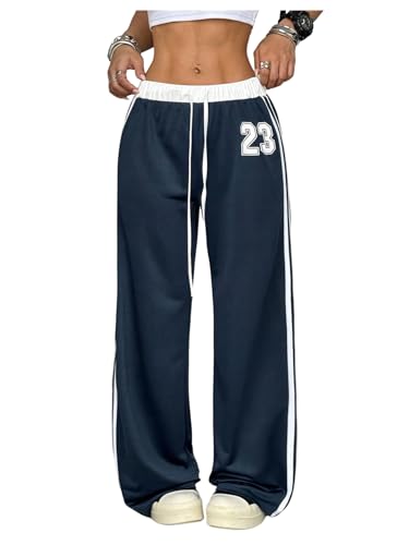 Women's Y2k Number Graphic Baggy Pants Side Striped Wide Leg Drawstring Waist Loose Track Pants Trousers Streetwear