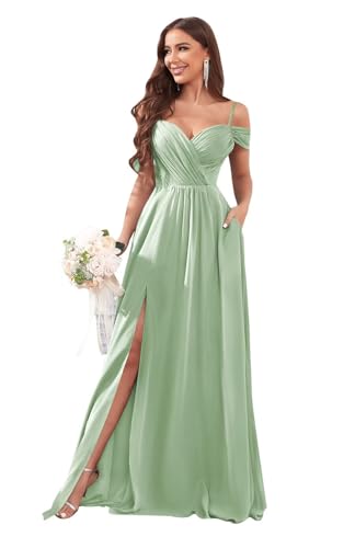 Off The Shoulder Bridesmaid Dresses for Women with Pockets Split Long Chiffon Formal Evening Dresses