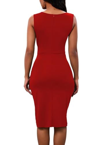 Image of PerZeal Women's Sexy V Neck Sleeveless Bodycon Dress Cocktail Evening Party Wedding Guest Work Faux Wrap Ruched Midi Dresse