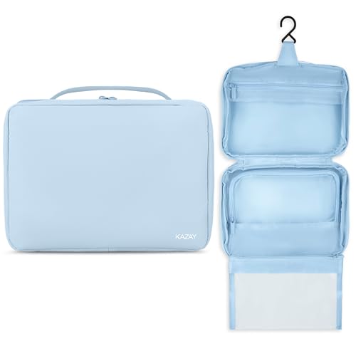 KAZAY Hanging Toiletry Bag with TSA Approved Detachable Pouch, Travel Toiletry Bag, Water Resistant, Premium Nylon, Travel Size Toiletries, Cosmetic Bag, Unisex (Light Blue)
