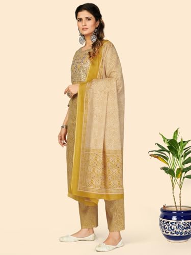 Image of Vbuyz Women's Printed & Embellished & Mirror Work Straight Cotton Stitched Kurta set | Straight Kurta Pant Dupatta | Kurta Set with Dupatta for Women | Suit Set | Ethnic Set | Printed Kurta Set