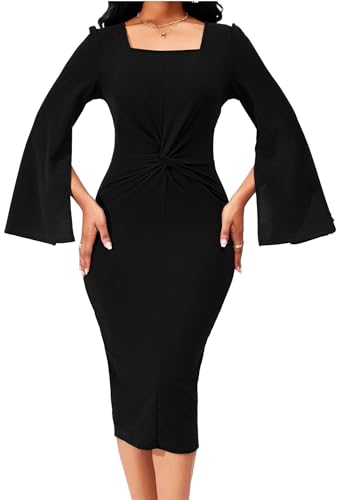 Image of Dresses for Women Elegant Long Sleeves Ruffles Pencil Knee Length Split Business Dress with Belt Zipper