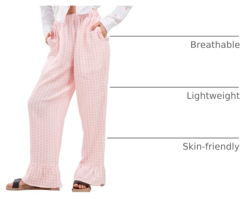 Image of codcm Womens Gingham Pants Wide Leg Lounge Pants Y2k Plaid Print Ruffle Hem Loose Trouser