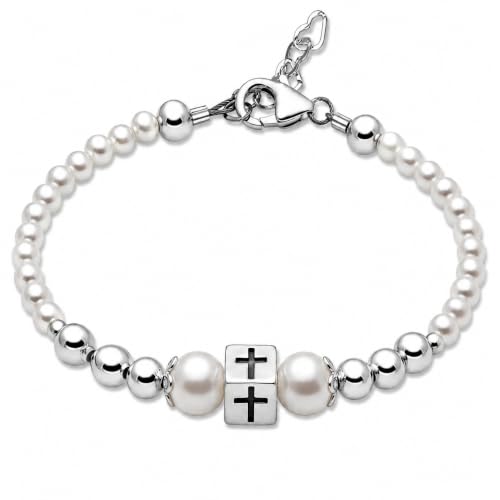 Image of Baby Crystals Personalized Baptism Gifts for Girl Sterling Silver Cross Pearl Bracelet
