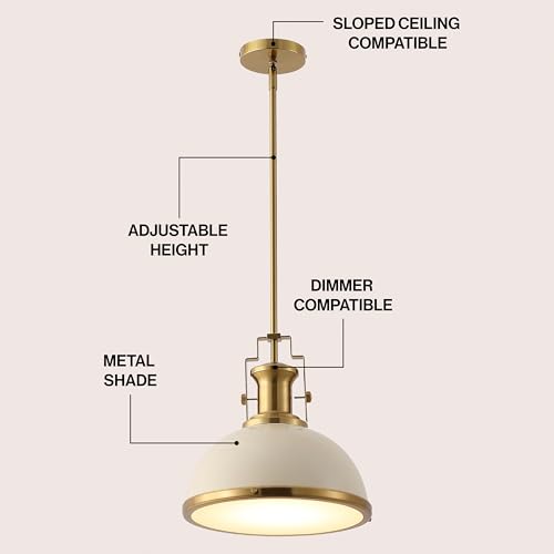 Image of JONATHAN Y Homer Industrial Dome Pendant 13 inch, Almond /Brass Gold | 1-Light, Farmhouse Style, Adjustable Hanging Height, Glass Diffuser, Sloped Ceiling Compatible, Metal, LED Bulb Included