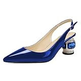 FSJ Women Comfort Slingback Low Heel Pumps Pointed Toe Crystal Block Heel Summer Dressy Sandals Wedding Shoes Size 9 Blue Patent
