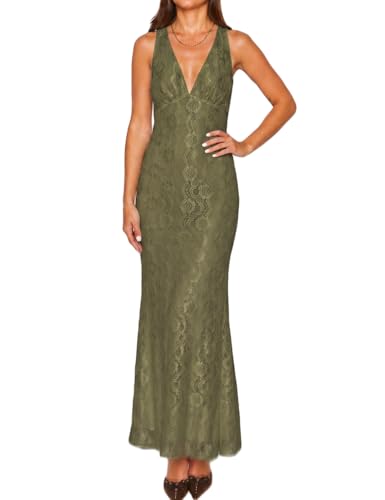 Image of Elegant Lace Floral V Neck Backless Bodycon Dresses for Women Sexy Cut Out Low Back Sleeveless Maxi Dress Wedding Guest