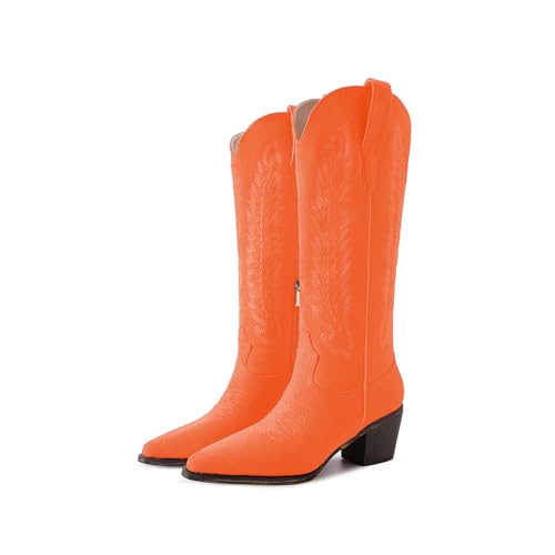 Cowboy Boots for Women Knee High Cowgirl Boots with Classic Embroidered Side Zipper Pointed Toe Chunky Heel Pull On Fashion Retro Tall Boot3